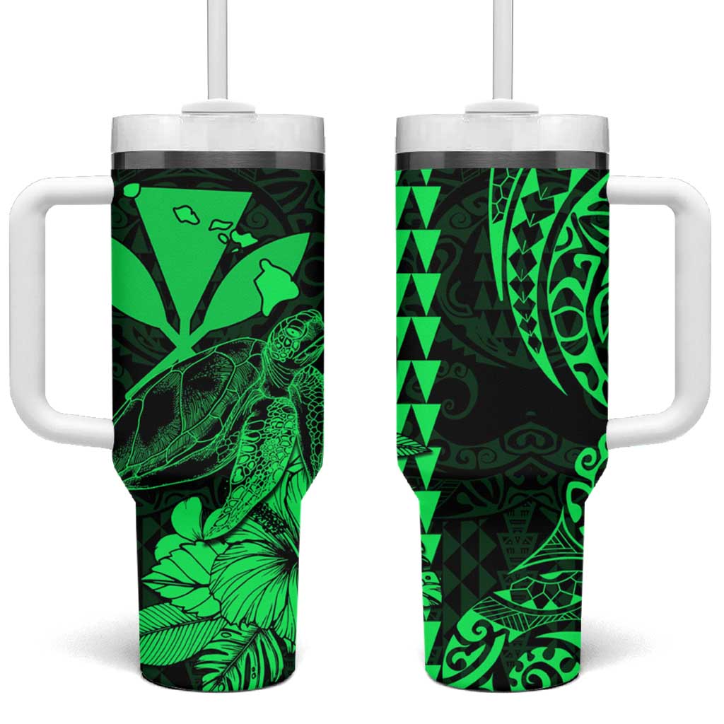 Kakau Polynesian Tribal Hawaiian Turtle Tumbler With Handle with Kanaka Maoli Green LT9 One Size: 40 oz Green - Polynesian Pride