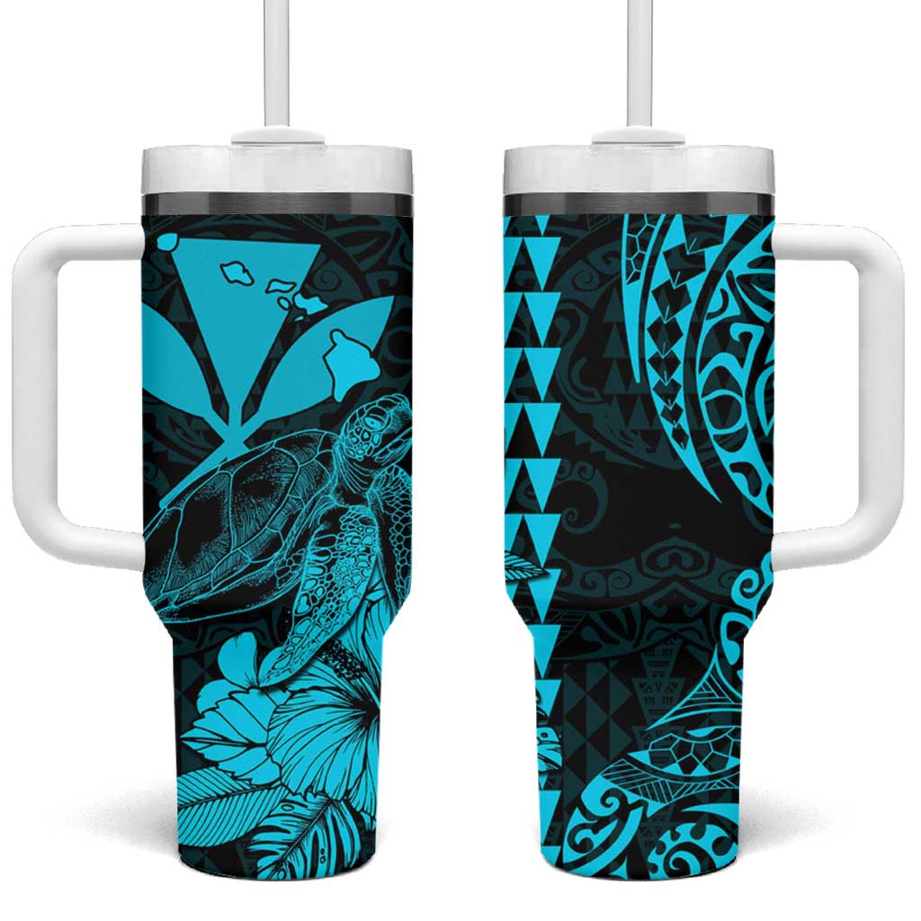 Kakau Polynesian Tribal Hawaiian Turtle Tumbler With Handle with Kanaka Maoli Teal LT9 One Size: 40 oz Teal - Polynesian Pride