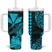 Kakau Polynesian Tribal Hawaiian Turtle Tumbler With Handle with Kanaka Maoli Teal LT9 One Size: 40 oz Teal - Polynesian Pride