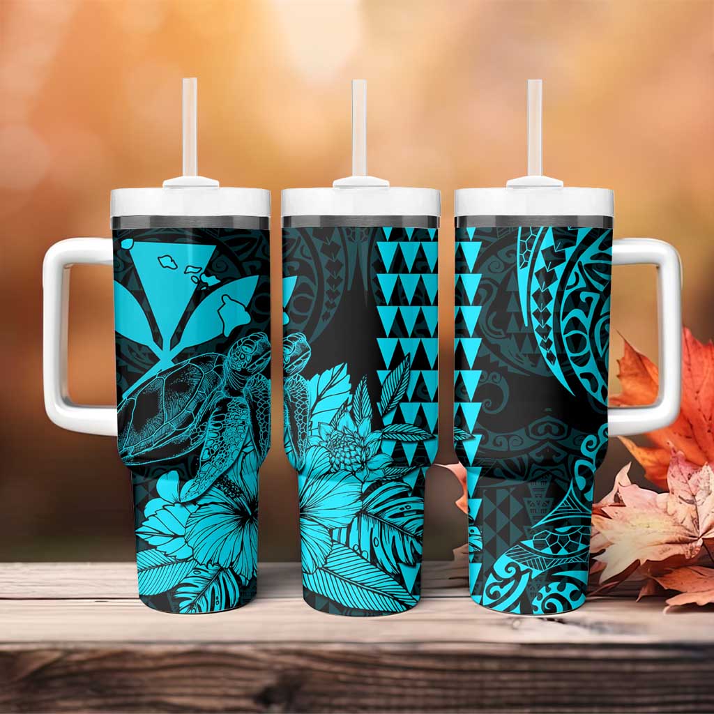 Kakau Polynesian Tribal Hawaiian Turtle Tumbler With Handle with Kanaka Maoli Teal LT9 - Polynesian Pride
