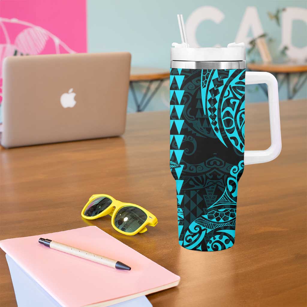 Kakau Polynesian Tribal Hawaiian Turtle Tumbler With Handle with Kanaka Maoli Teal LT9 - Polynesian Pride