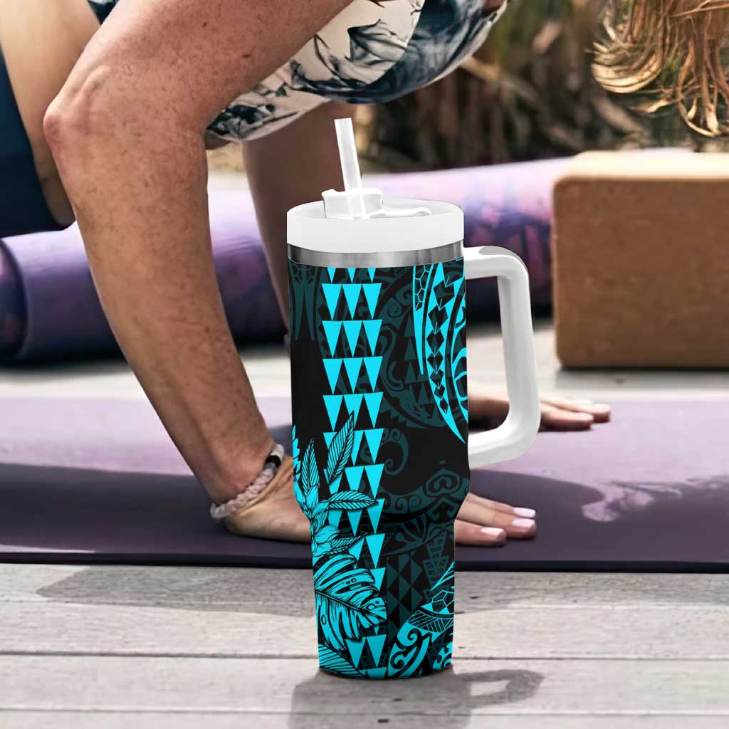 Kakau Polynesian Tribal Hawaiian Turtle Tumbler With Handle with Kanaka Maoli Teal LT9 - Polynesian Pride