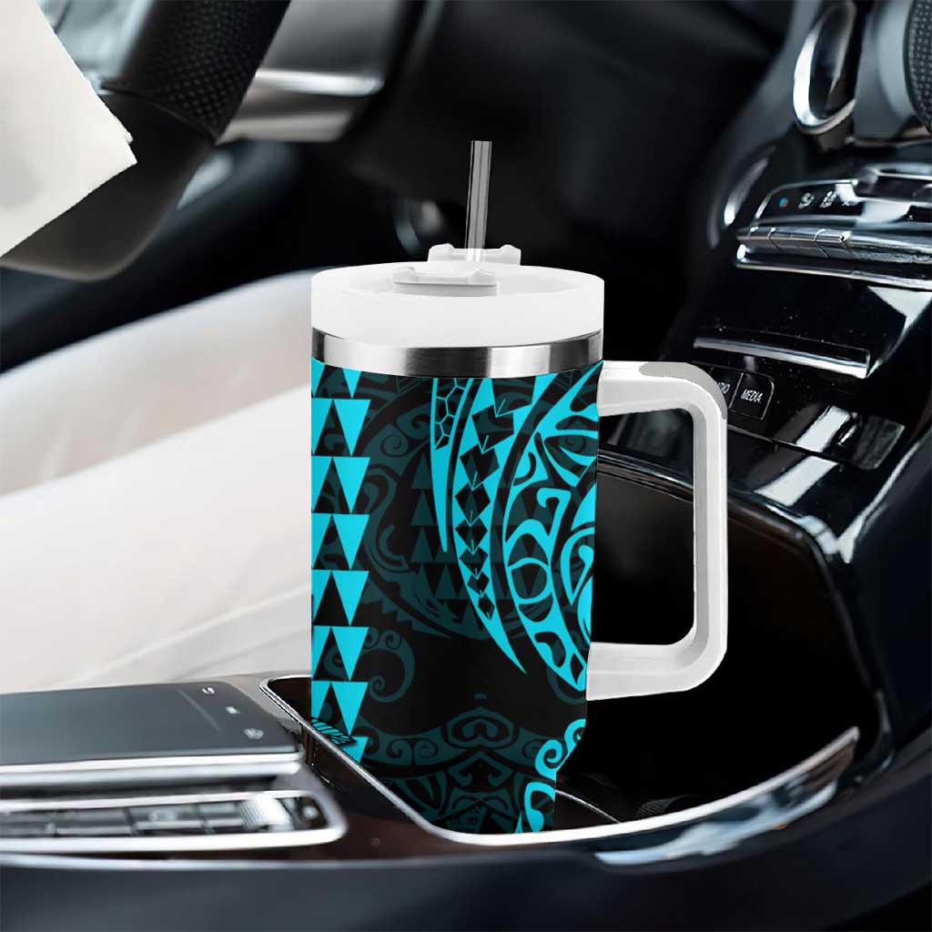Kakau Polynesian Tribal Hawaiian Turtle Tumbler With Handle with Kanaka Maoli Teal LT9 - Polynesian Pride