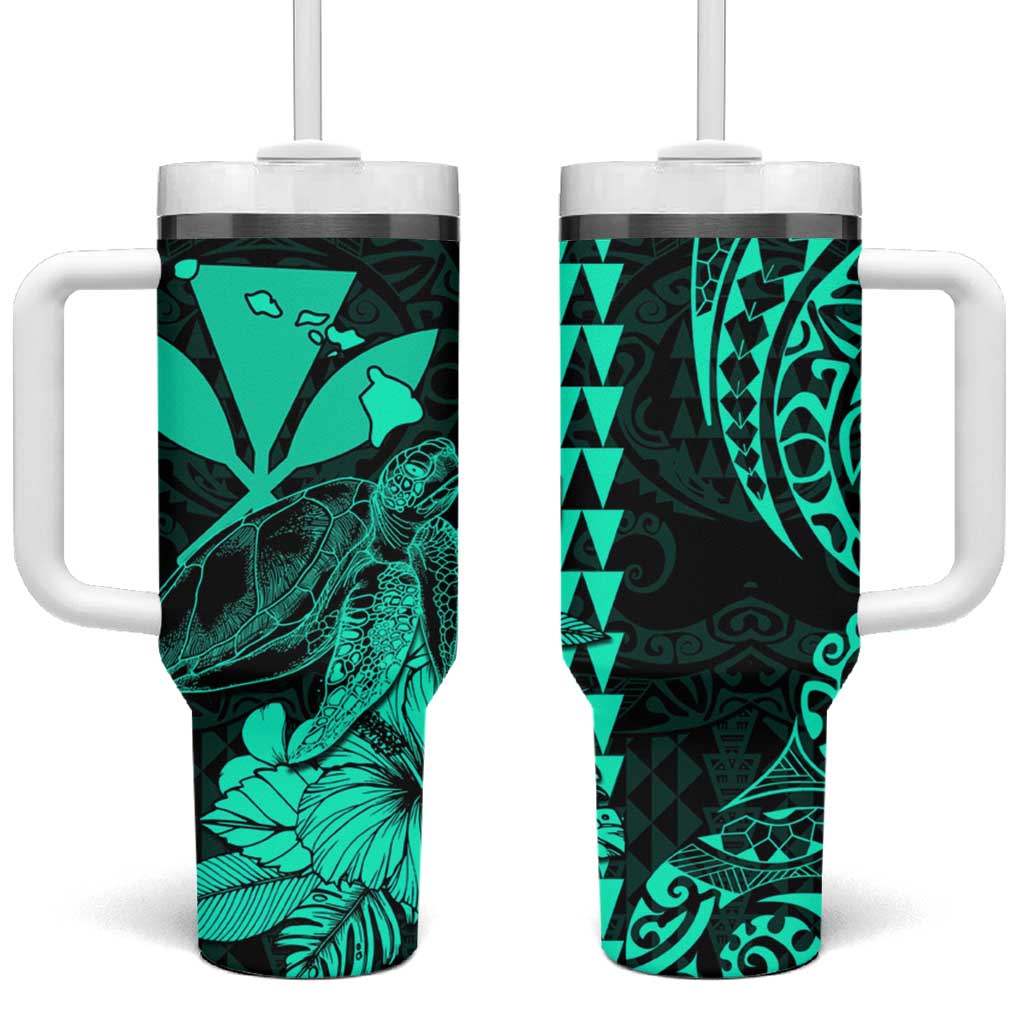 Kakau Polynesian Tribal Hawaiian Turtle Tumbler With Handle with Kanaka Maoli Turquoise LT9 One Size: 40 oz Turquoise - Polynesian Pride