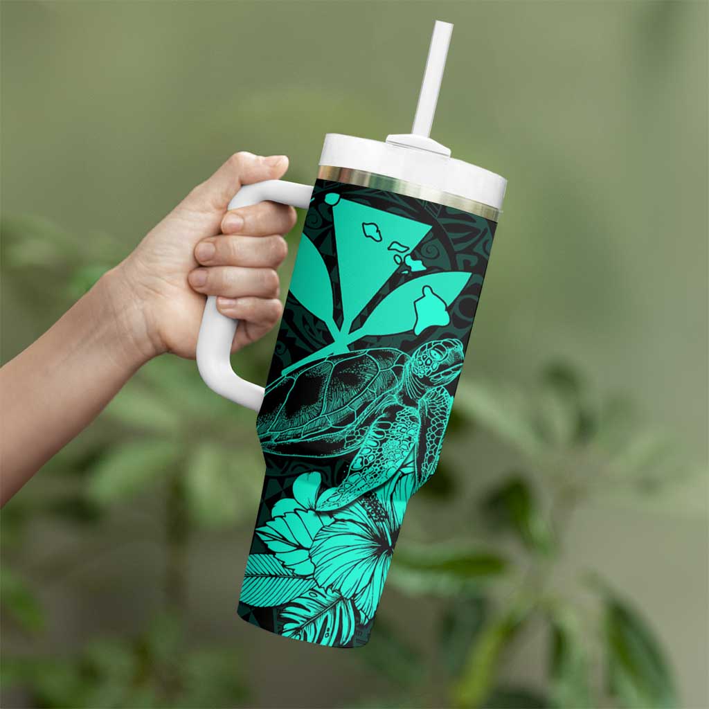 Kakau Polynesian Tribal Hawaiian Turtle Tumbler With Handle with Kanaka Maoli Turquoise LT9 - Polynesian Pride