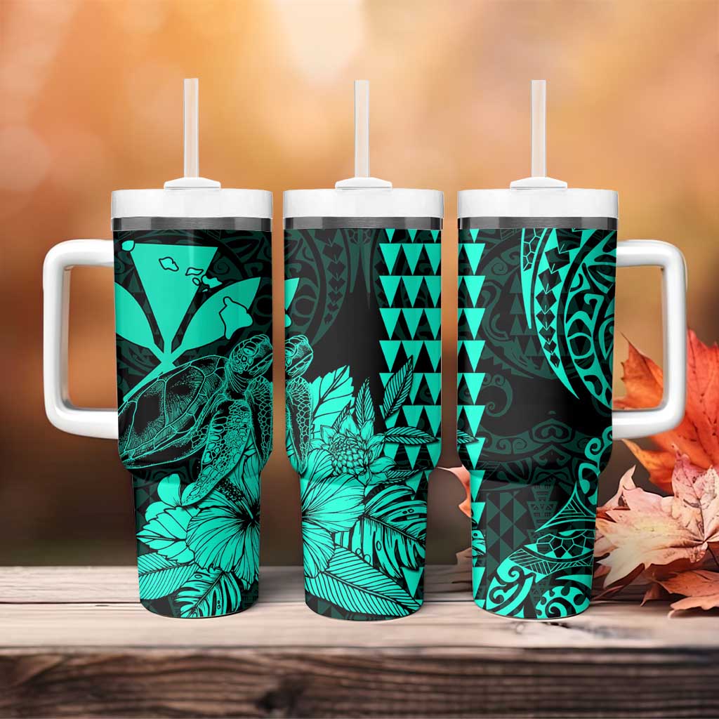 Kakau Polynesian Tribal Hawaiian Turtle Tumbler With Handle with Kanaka Maoli Turquoise LT9 - Polynesian Pride