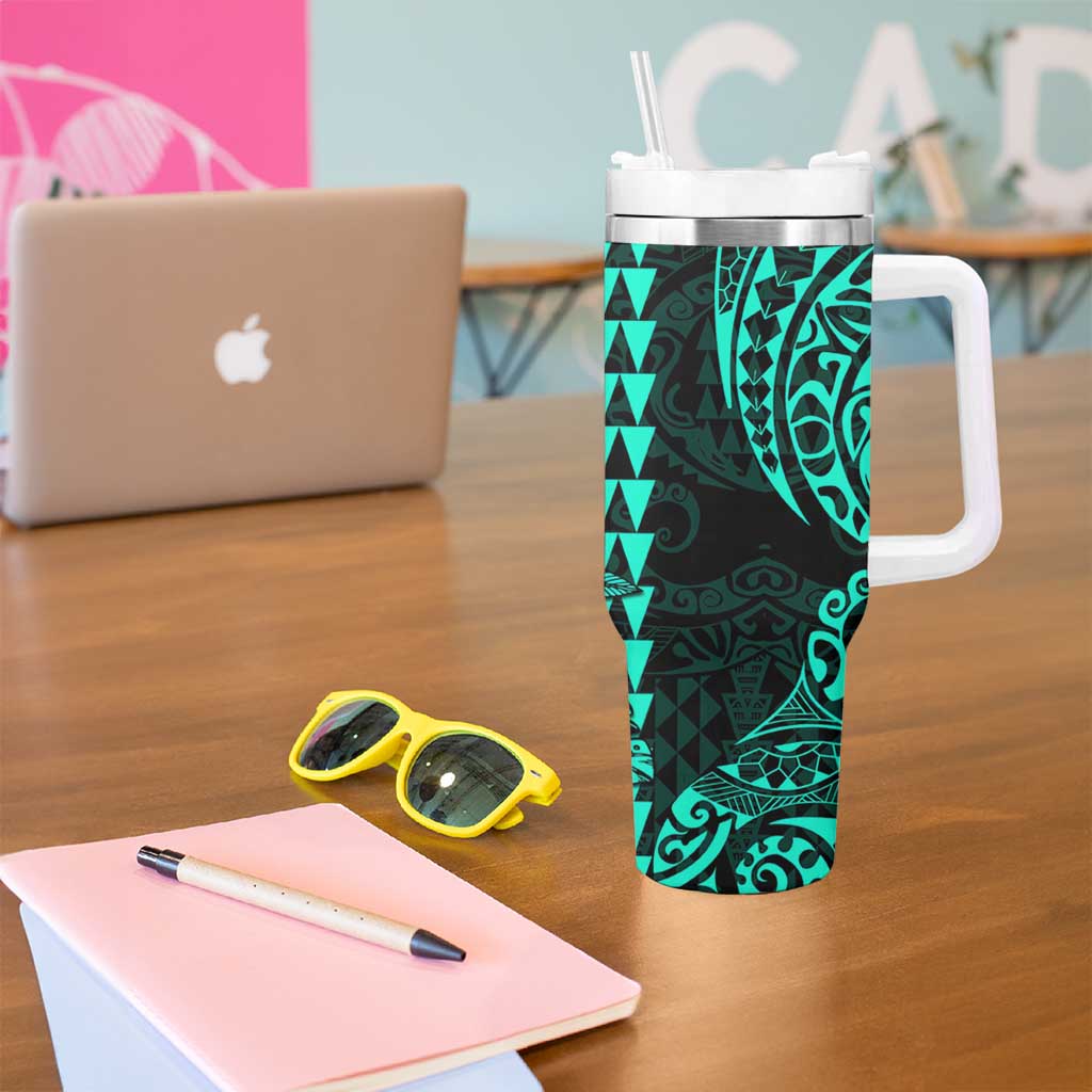 Kakau Polynesian Tribal Hawaiian Turtle Tumbler With Handle with Kanaka Maoli Turquoise LT9 - Polynesian Pride