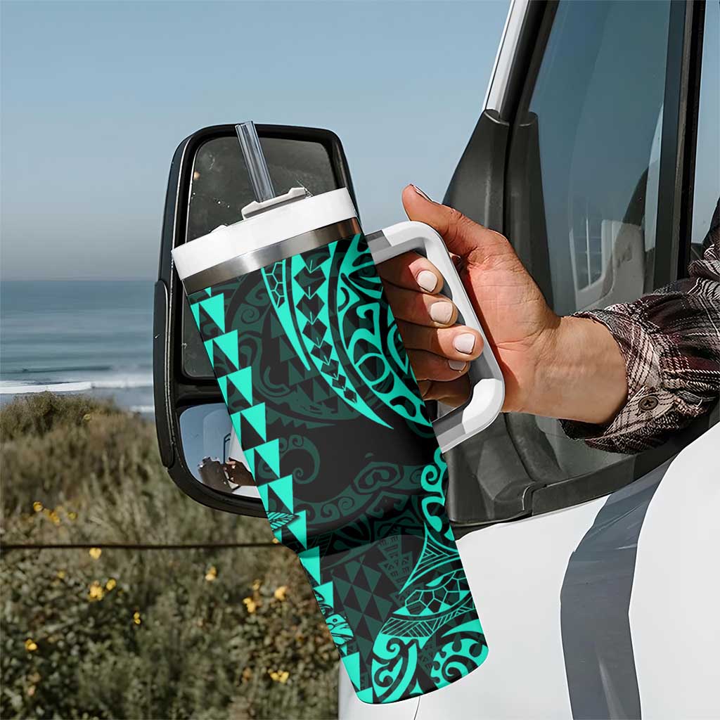 Kakau Polynesian Tribal Hawaiian Turtle Tumbler With Handle with Kanaka Maoli Turquoise LT9 - Polynesian Pride