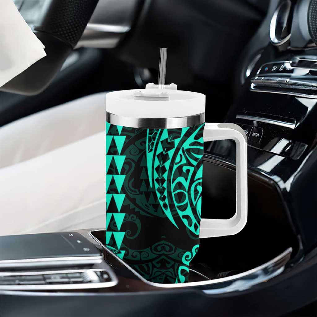 Kakau Polynesian Tribal Hawaiian Turtle Tumbler With Handle with Kanaka Maoli Turquoise LT9 - Polynesian Pride