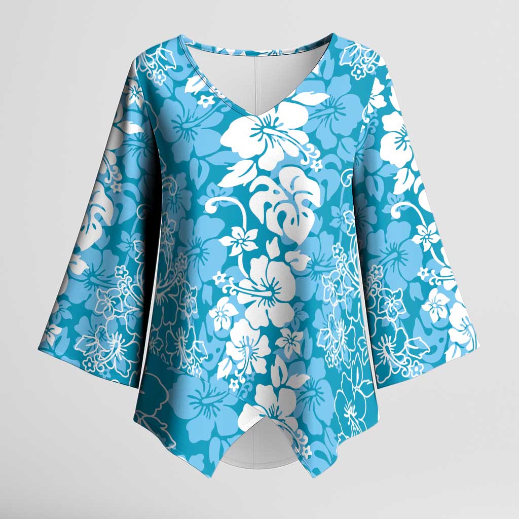Hawaiian Lei Day Kimono Sleeve Blouse Blue Hibiscus Flowers Lei Art LT9 Female Blue - Polynesian Pride