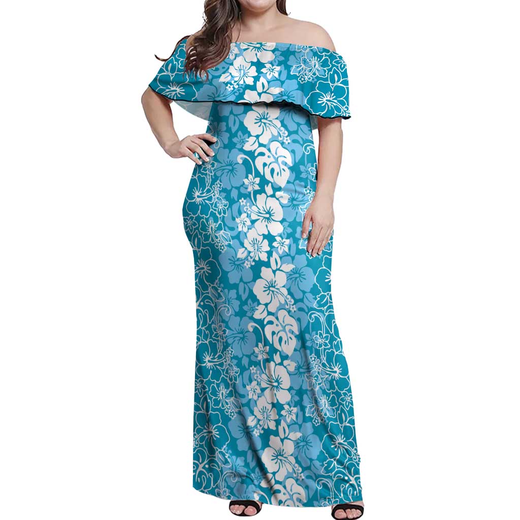 Hawaiian Lei Day Off Shoulder Maxi Dress Blue Hibiscus Flowers Lei Art LT9 Women Blue - Polynesian Pride