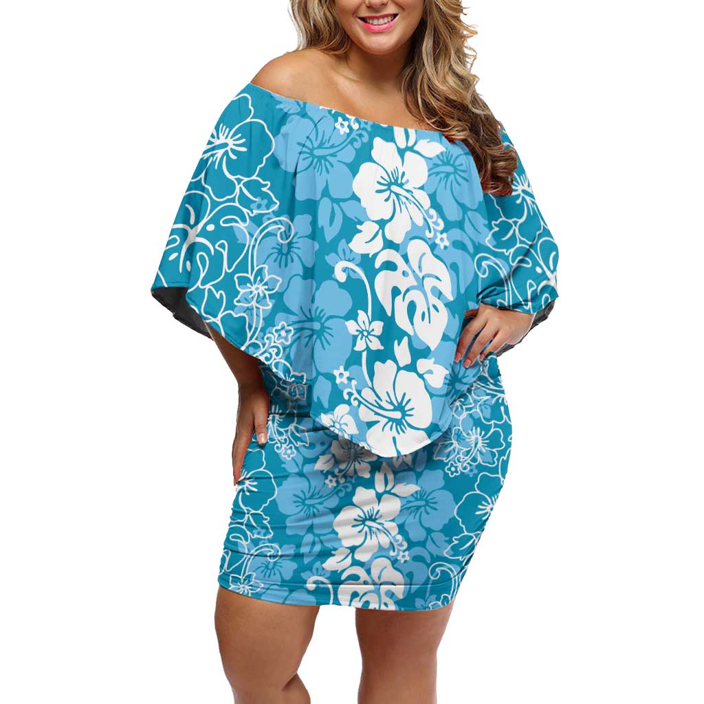 Hawaiian Lei Day Off Shoulder Short Dress Blue Hibiscus Flowers Lei Art LT9 Women Blue - Polynesian Pride