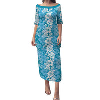 Hawaiian Lei Day Puletasi Blue Hibiscus Flowers Lei Art LT9 Long Dress Blue - Polynesian Pride