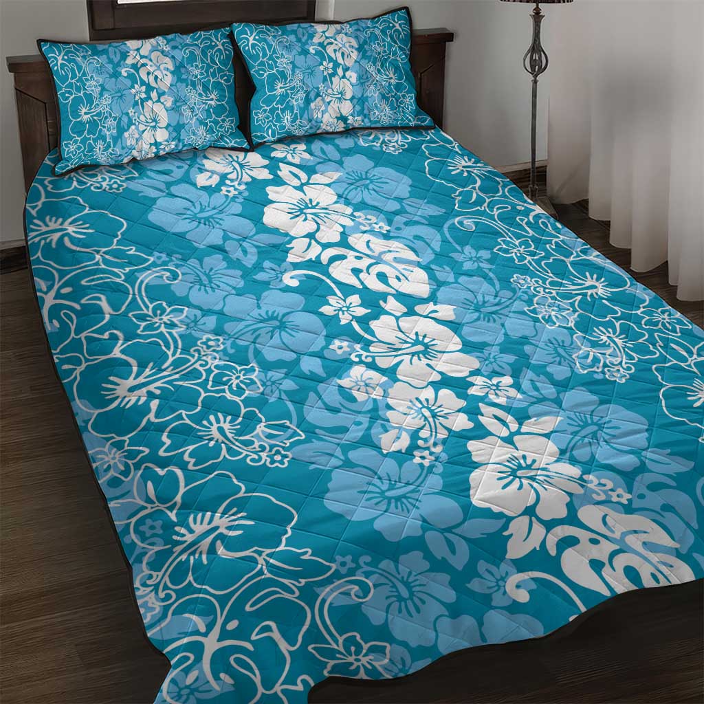 Hawaiian Lei Day Quilt Bed Set Blue Hibiscus Flowers Lei Art LT9 Blue - Polynesian Pride