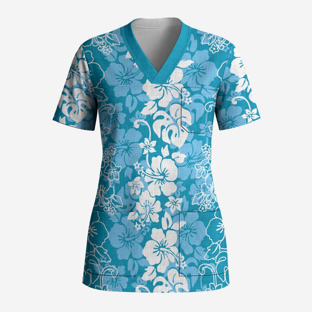Hawaiian Lei Day Scrub Top Blue Hibiscus Flowers Lei Art LT9 Adult Blue - Polynesian Pride