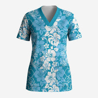 Hawaiian Lei Day Scrub Top Blue Hibiscus Flowers Lei Art LT9 Adult Blue - Polynesian Pride