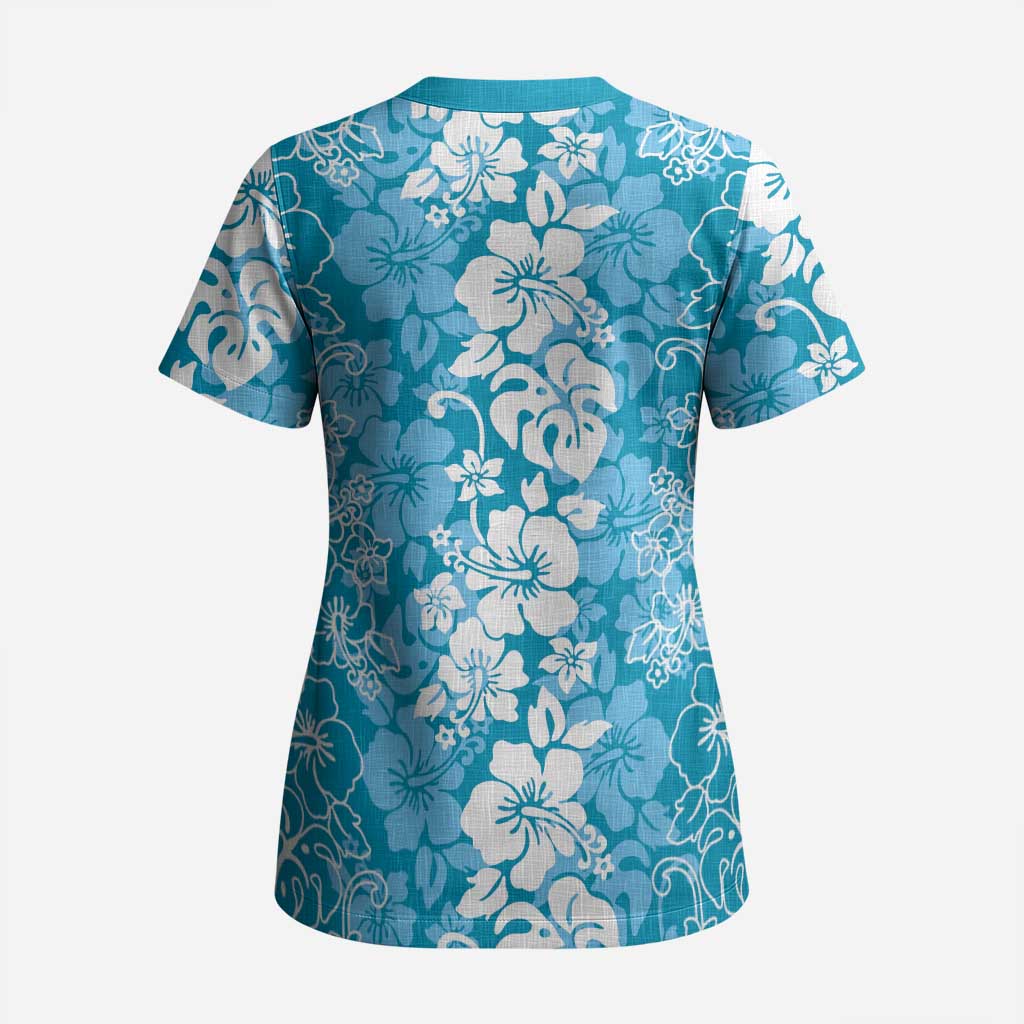 Hawaiian Lei Day Scrub Top Blue Hibiscus Flowers Lei Art LT9 - Polynesian Pride
