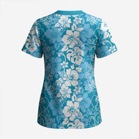 Hawaiian Lei Day Scrub Top Blue Hibiscus Flowers Lei Art LT9 - Polynesian Pride