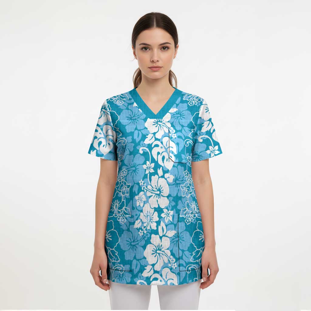 Hawaiian Lei Day Scrub Top Blue Hibiscus Flowers Lei Art LT9 - Polynesian Pride