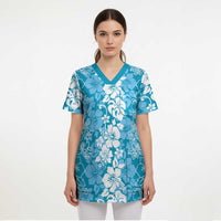 Hawaiian Lei Day Scrub Top Blue Hibiscus Flowers Lei Art LT9 - Polynesian Pride