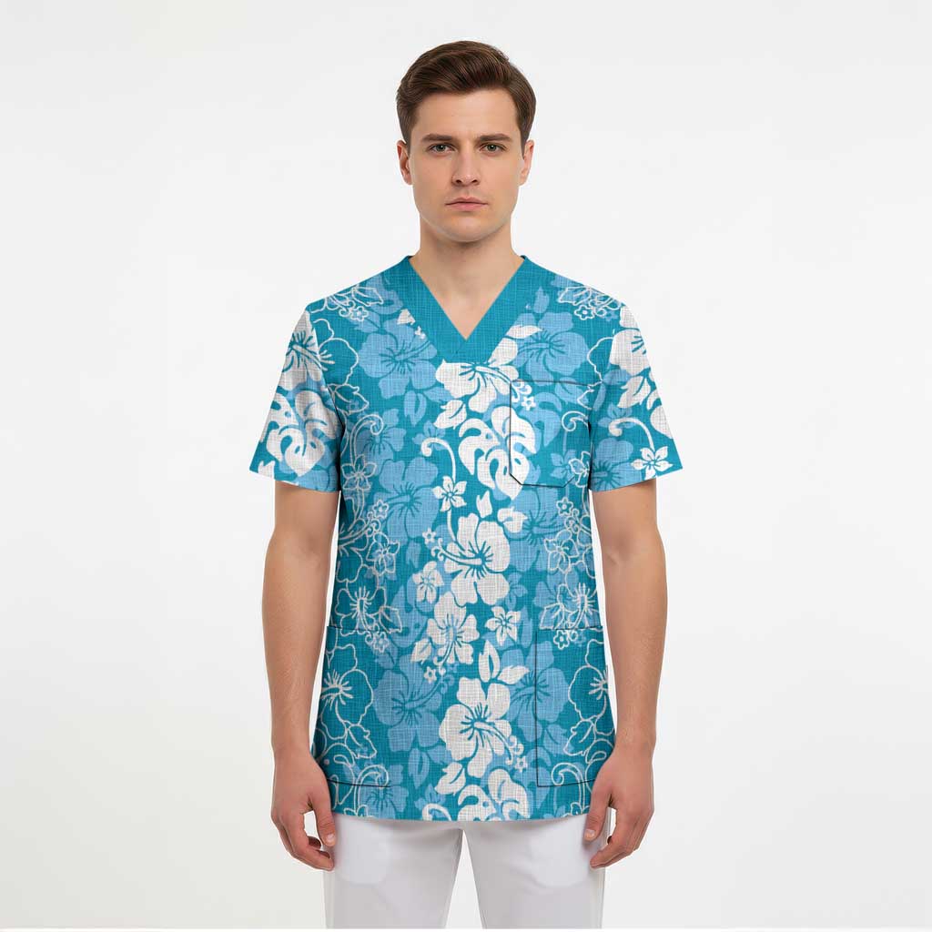 Hawaiian Lei Day Scrub Top Blue Hibiscus Flowers Lei Art LT9 - Polynesian Pride