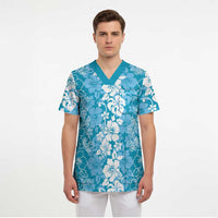 Hawaiian Lei Day Scrub Top Blue Hibiscus Flowers Lei Art LT9 - Polynesian Pride