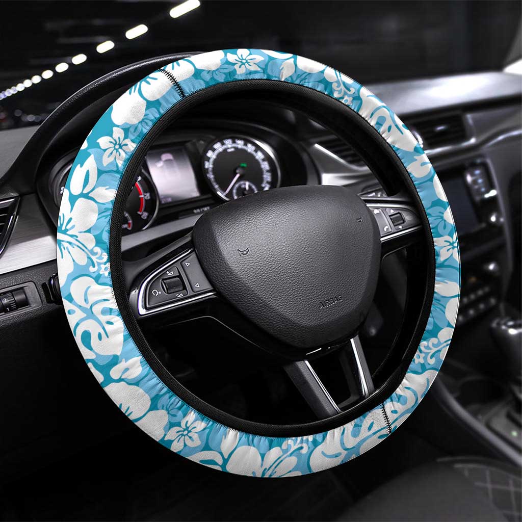 Hawaiian Lei Day Steering Wheel Cover Blue Hibiscus Flowers Lei Art LT9 Universal Fit Blue - Polynesian Pride