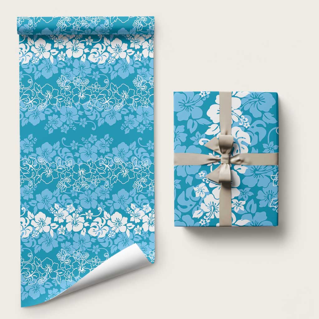 Hawaiian Lei Day Wrapping Paper Blue Hibiscus Flowers Lei Art LT9 58" × 23" Blue - Polynesian Pride