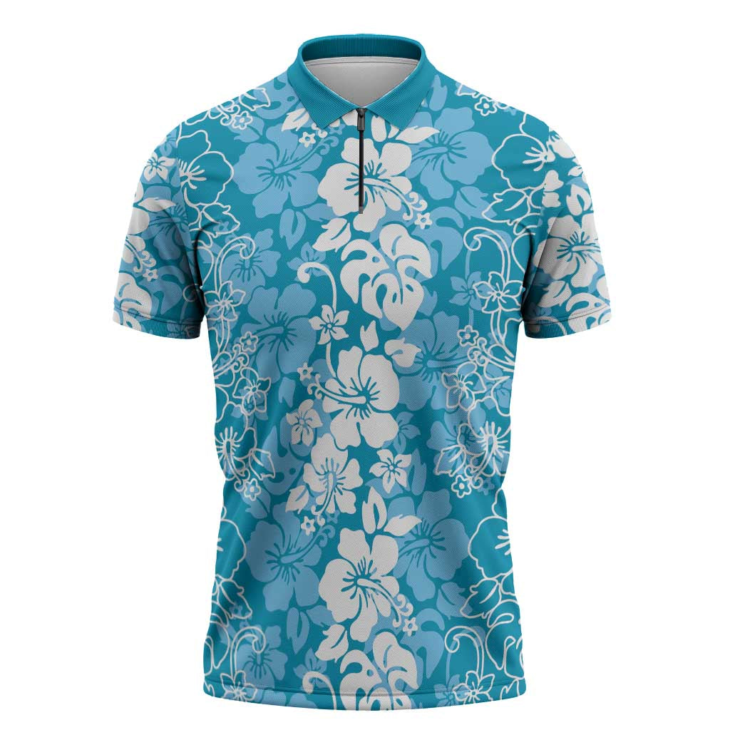 Hawaiian Lei Day Zipper Polo Shirt Blue Hibiscus Flowers Lei Art LT9 Blue - Polynesian Pride