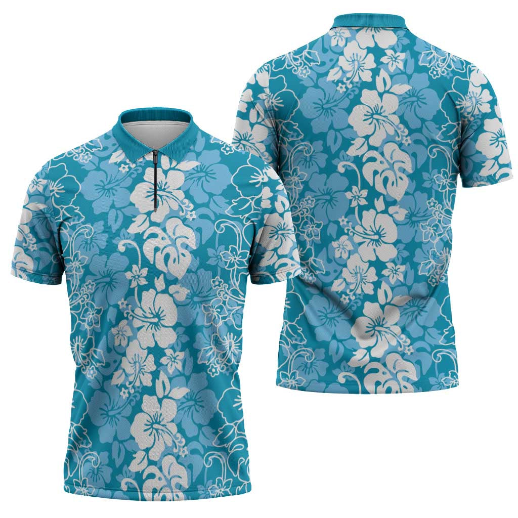 Hawaiian Lei Day Zipper Polo Shirt Blue Hibiscus Flowers Lei Art LT9 - Polynesian Pride