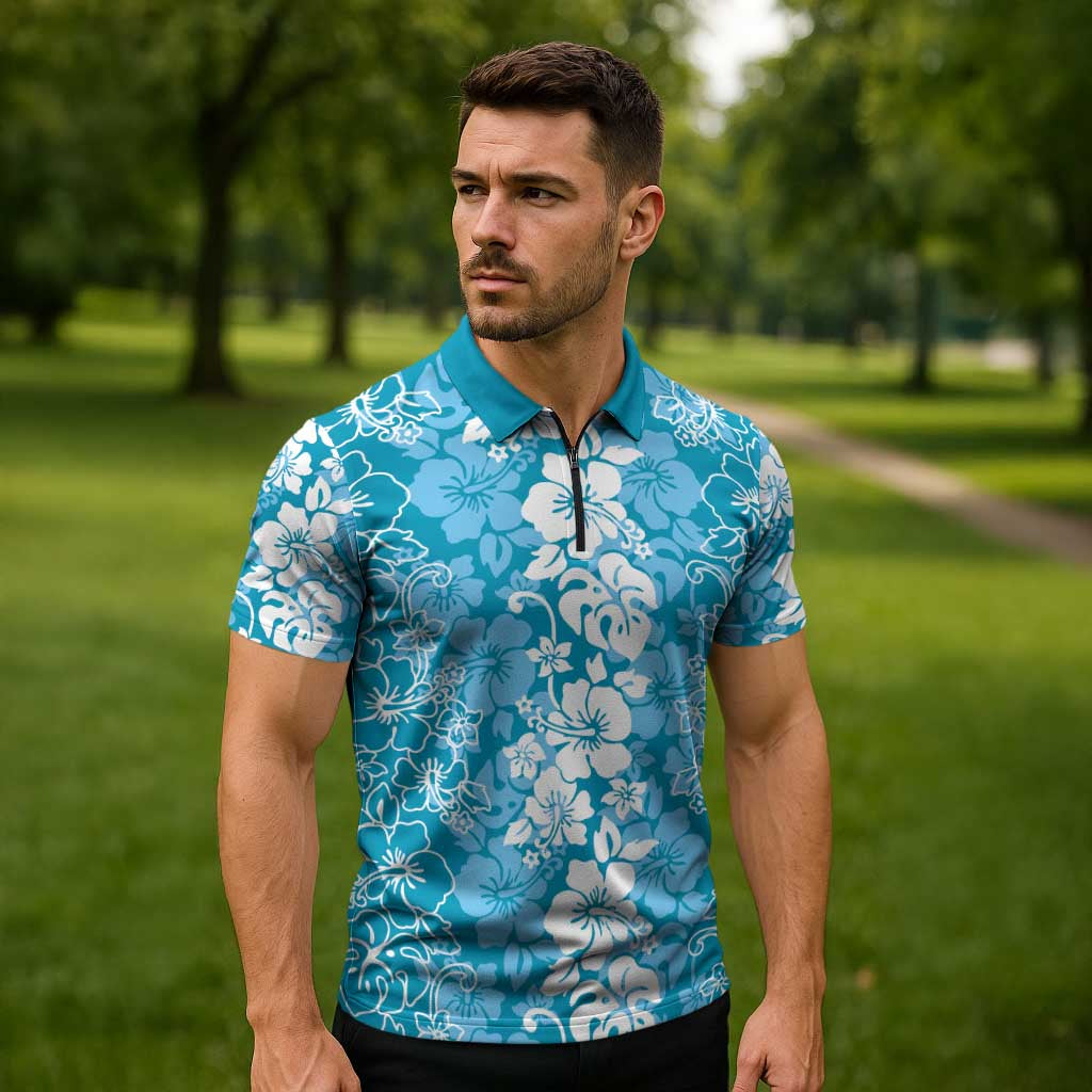 Hawaiian Lei Day Zipper Polo Shirt Blue Hibiscus Flowers Lei Art LT9 - Polynesian Pride