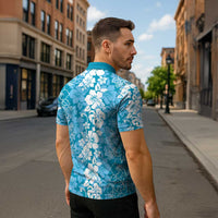 Hawaiian Lei Day Zipper Polo Shirt Blue Hibiscus Flowers Lei Art LT9 - Polynesian Pride