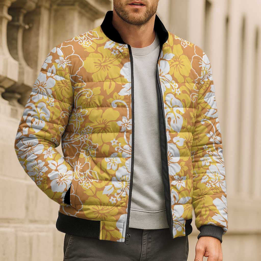 Hawaiian Lei Day Bomber Puffer Jacket Gold Hibiscus Flowers Lei Art LT9 - Polynesian Pride