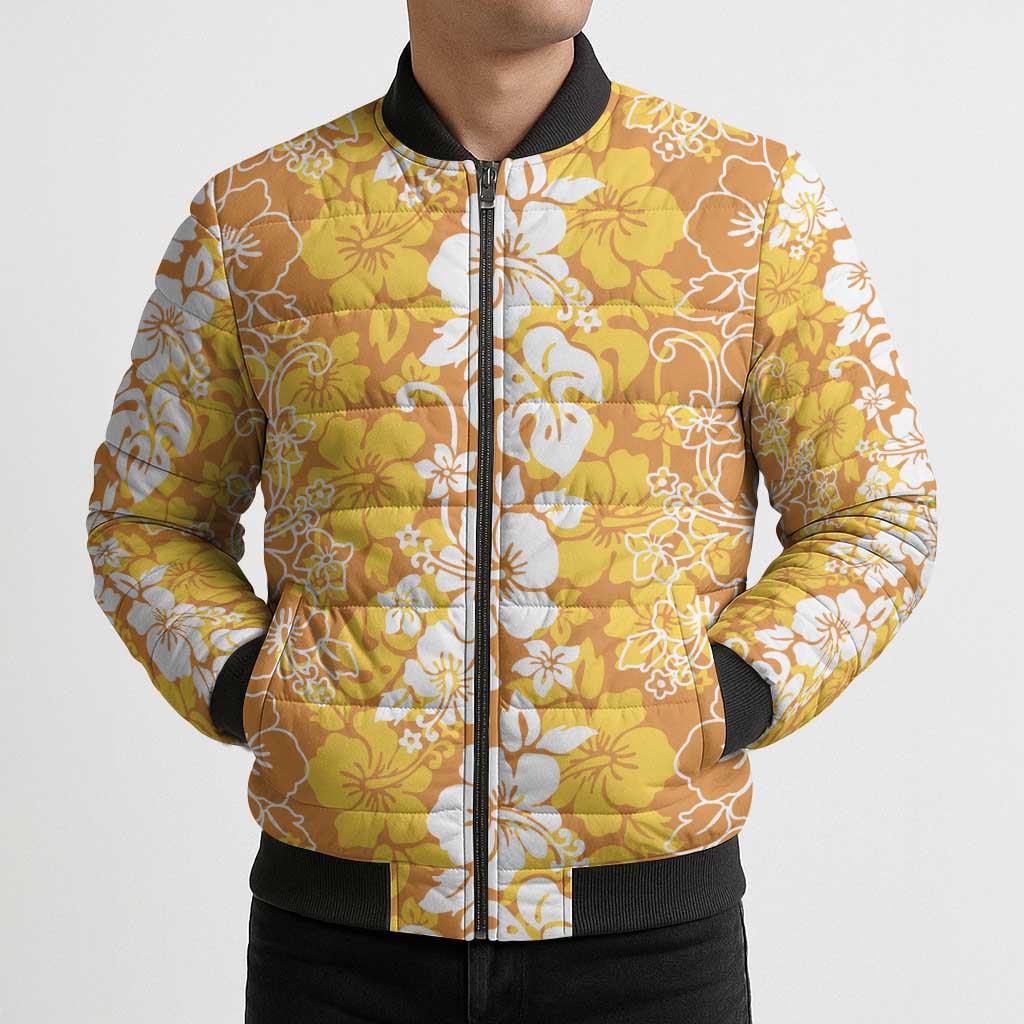 Hawaiian Lei Day Bomber Puffer Jacket Gold Hibiscus Flowers Lei Art LT9 - Polynesian Pride