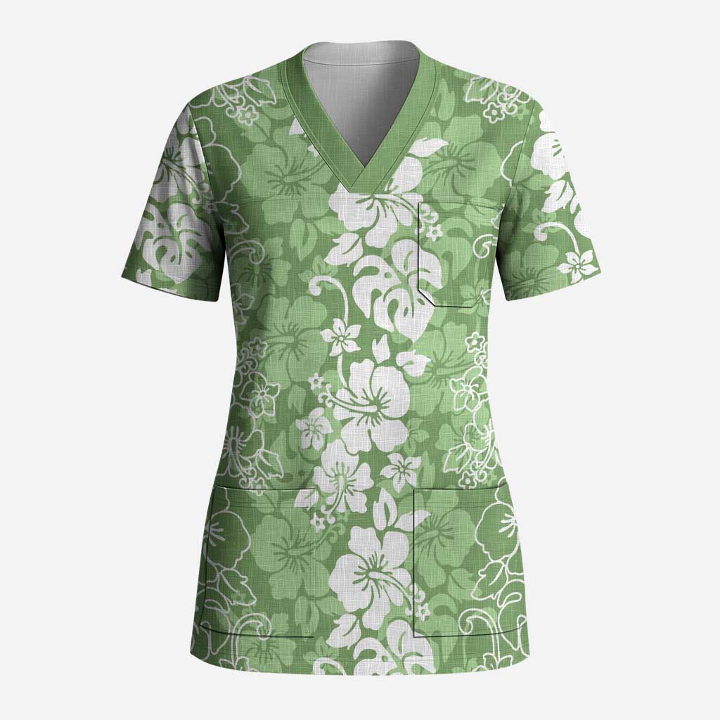 Hawaiian Lei Day Scrub Top Green Hibiscus Flowers Lei Art LT9 Adult Green - Polynesian Pride