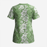 Hawaiian Lei Day Scrub Top Green Hibiscus Flowers Lei Art LT9 - Polynesian Pride