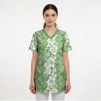 Hawaiian Lei Day Scrub Top Green Hibiscus Flowers Lei Art LT9 - Polynesian Pride