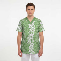 Hawaiian Lei Day Scrub Top Green Hibiscus Flowers Lei Art LT9 - Polynesian Pride