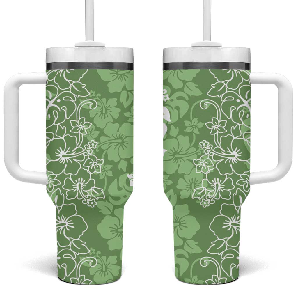Hawaiian Lei Day Tumbler With Handle Green Hibiscus Flowers Lei Art LT9 One Size: 40 oz Green - Polynesian Pride