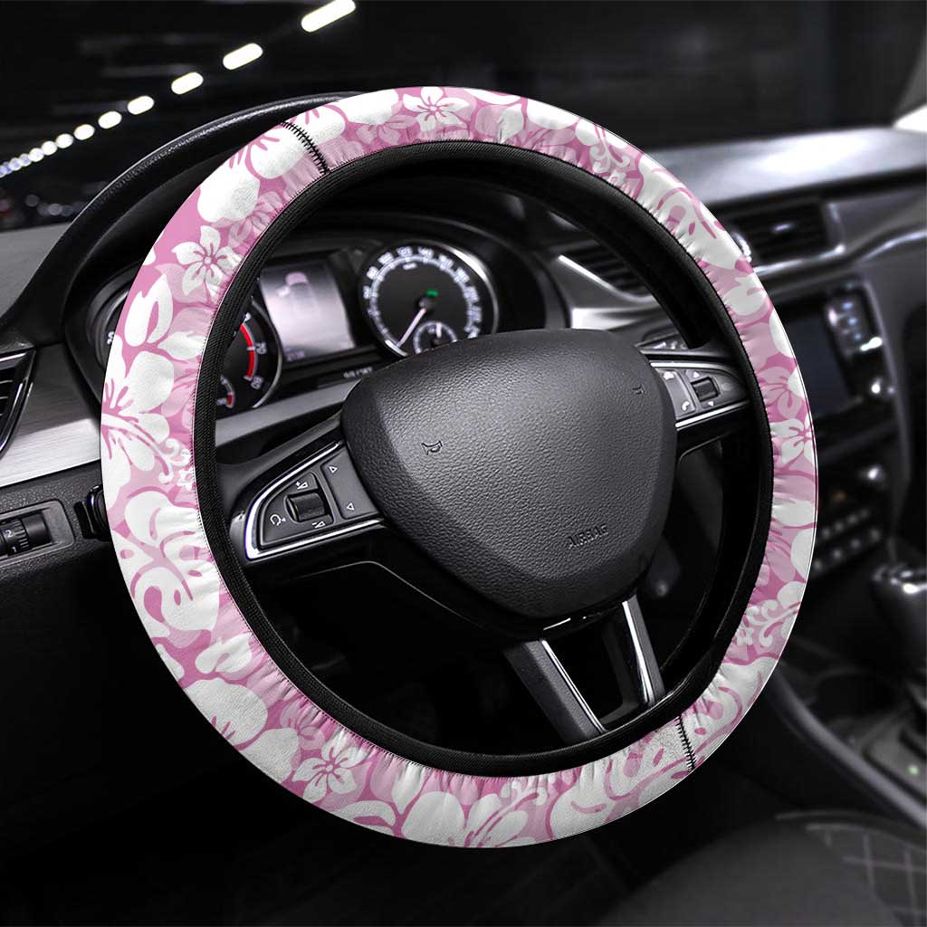 Hawaiian Lei Day Steering Wheel Cover Pink Hibiscus Flowers Lei Art LT9 Universal Fit Pink - Polynesian Pride