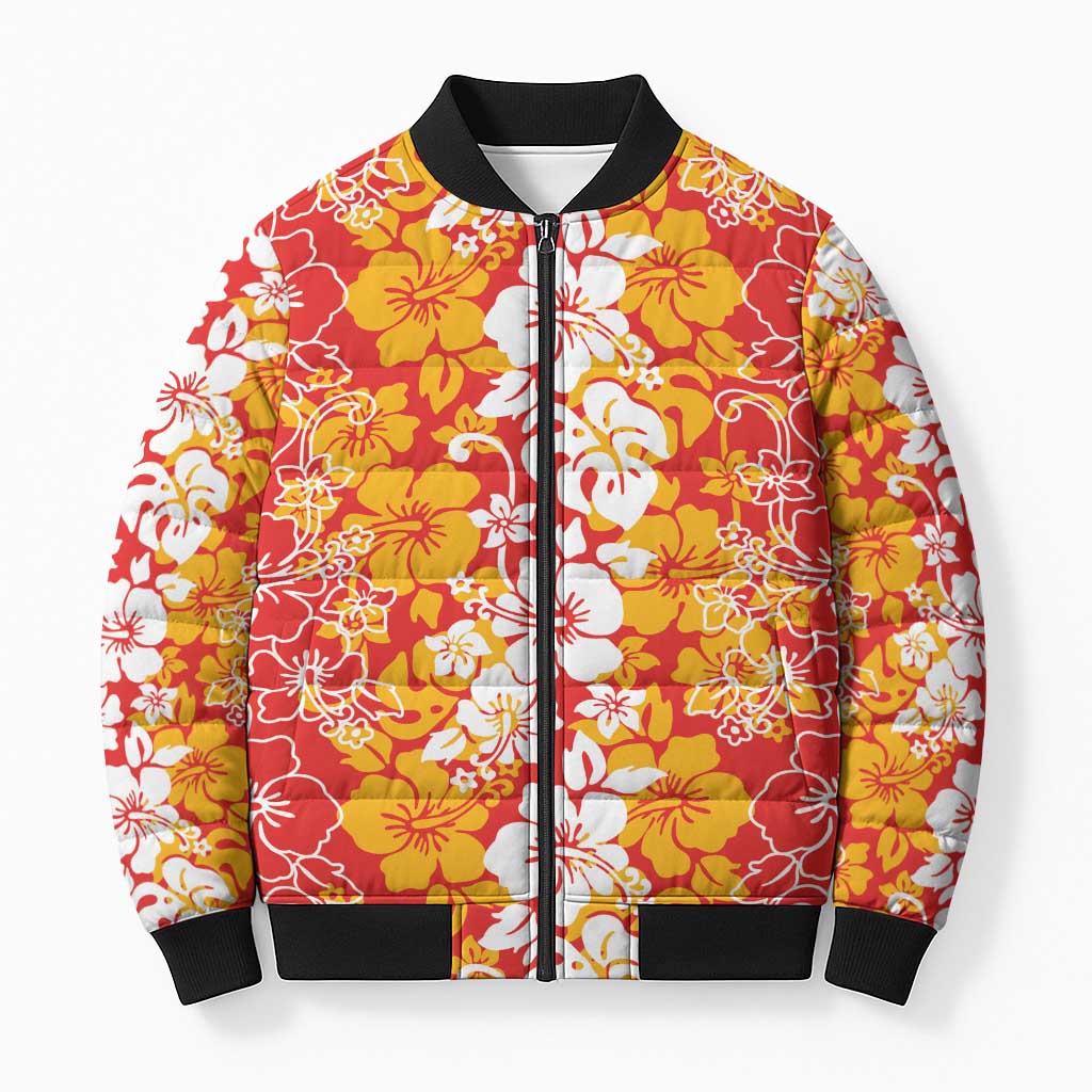 Hawaiian Lei Day Bomber Puffer Jacket Red Hibiscus Flowers Lei Art LT9 Unisex Red - Polynesian Pride