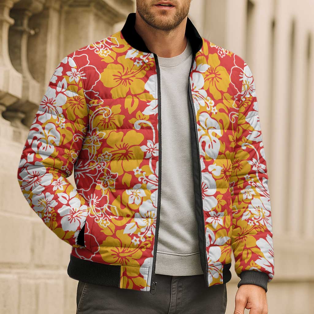 Hawaiian Lei Day Bomber Puffer Jacket Red Hibiscus Flowers Lei Art LT9 - Polynesian Pride