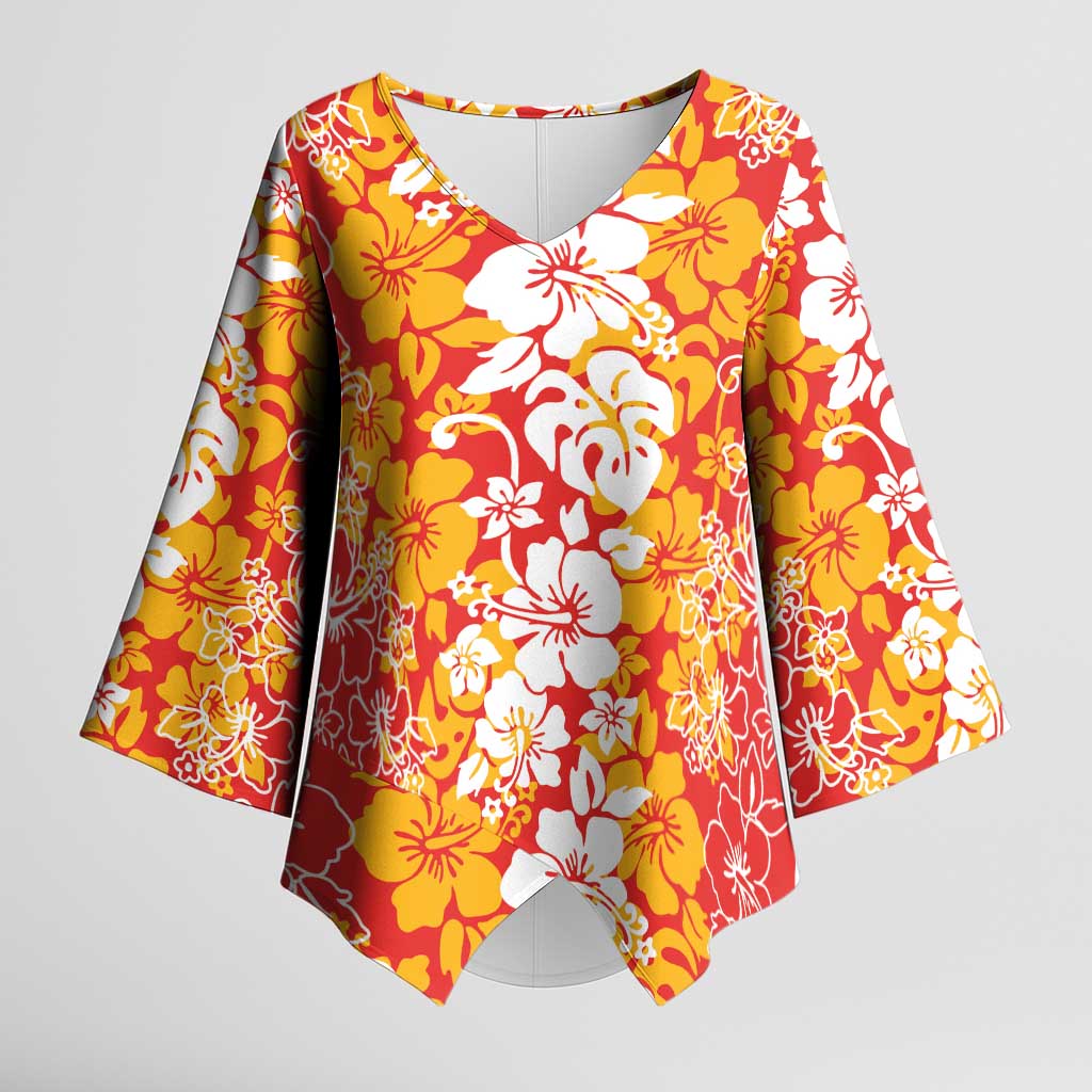Hawaiian Lei Day Kimono Sleeve Blouse Red Hibiscus Flowers Lei Art LT9 Female Red - Polynesian Pride