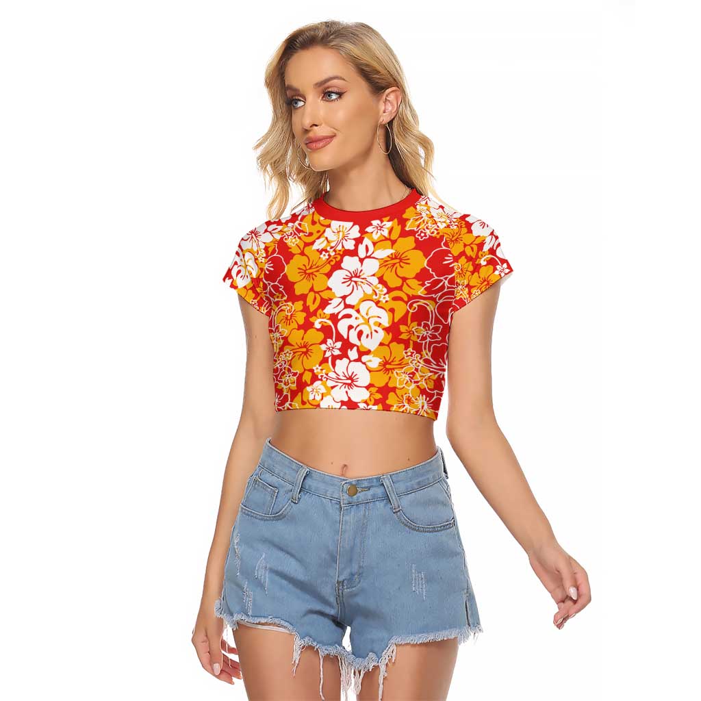 Hawaiian Lei Day Raglan Cropped T Shirt Red Hibiscus Flowers Lei Art LT9 Female Red - Polynesian Pride