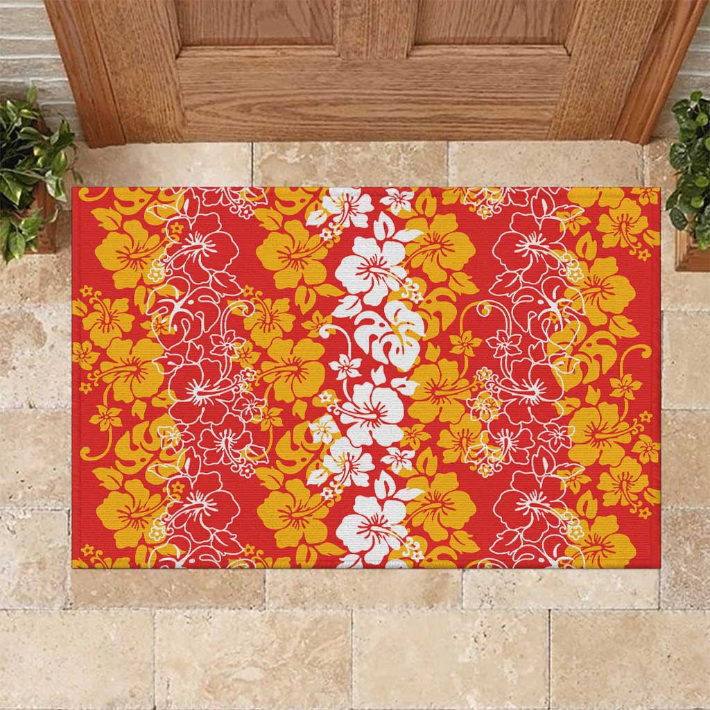 Hawaiian Lei Day Rubber Doormat Red Hibiscus Flowers Lei Art LT9 Red - Polynesian Pride