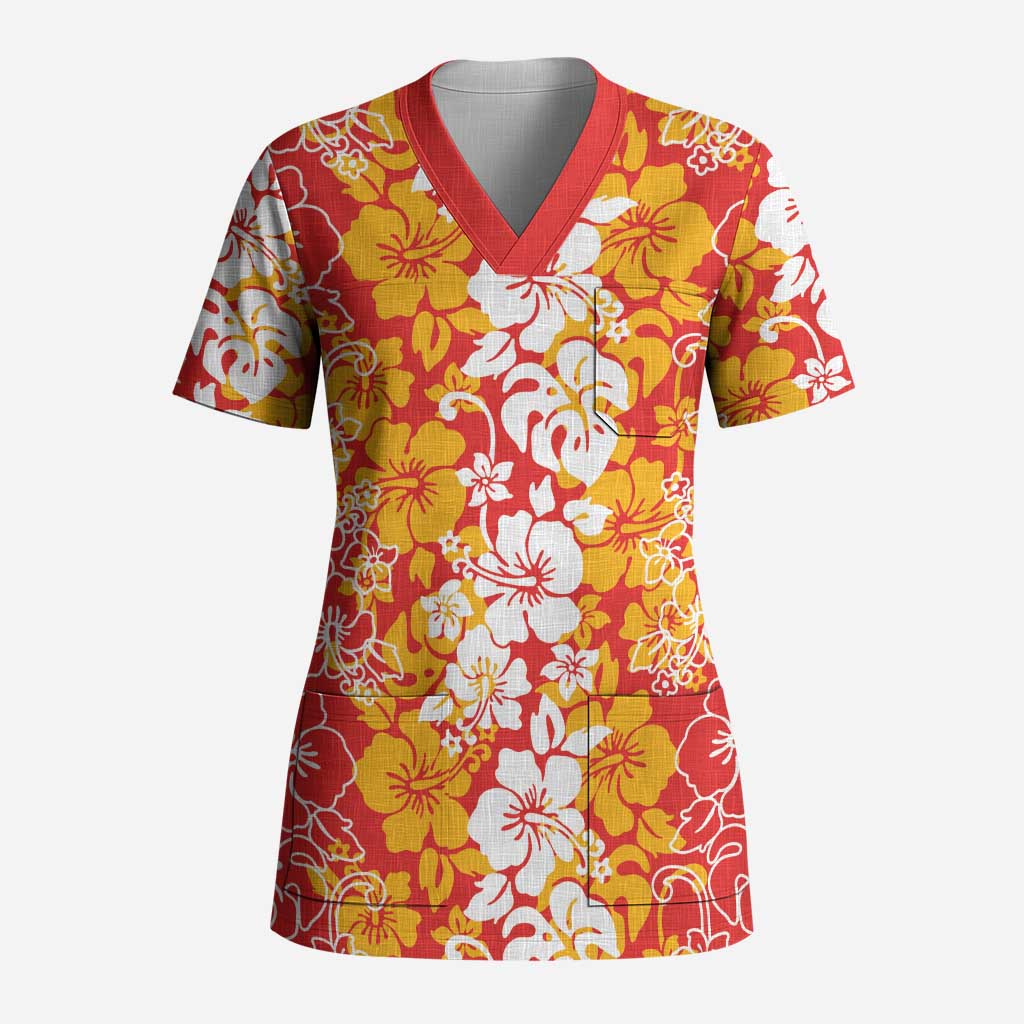 Hawaiian Lei Day Scrub Top Red Hibiscus Flowers Lei Art LT9 Adult Red - Polynesian Pride