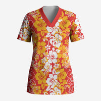 Hawaiian Lei Day Scrub Top Red Hibiscus Flowers Lei Art LT9 Adult Red - Polynesian Pride