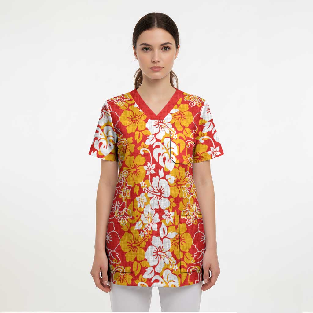 Hawaiian Lei Day Scrub Top Red Hibiscus Flowers Lei Art LT9 - Polynesian Pride