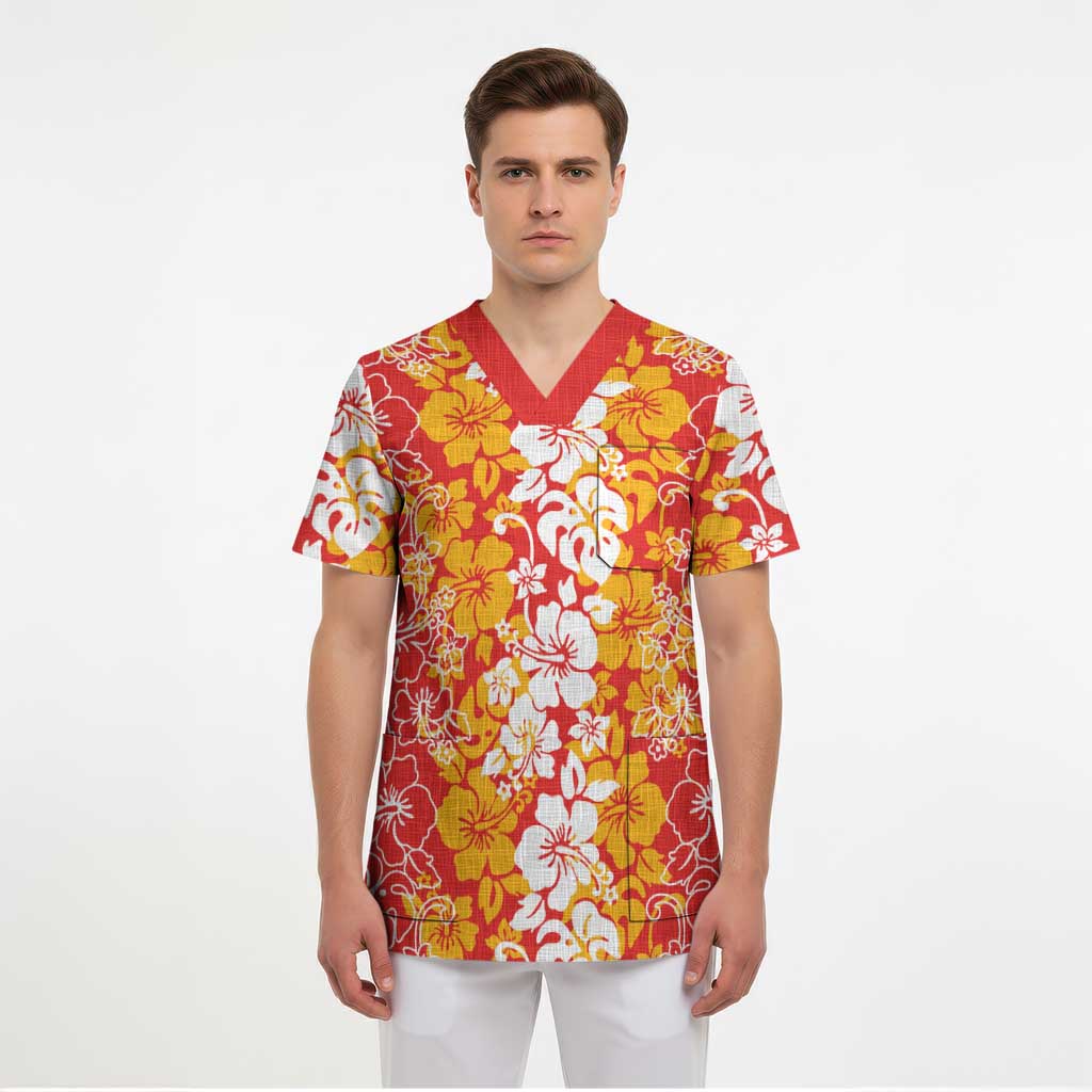 Hawaiian Lei Day Scrub Top Red Hibiscus Flowers Lei Art LT9 - Polynesian Pride