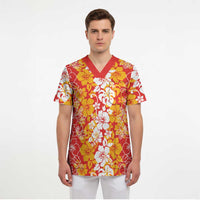 Hawaiian Lei Day Scrub Top Red Hibiscus Flowers Lei Art LT9 - Polynesian Pride